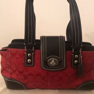 Coach signature purse in rich red with brown trim